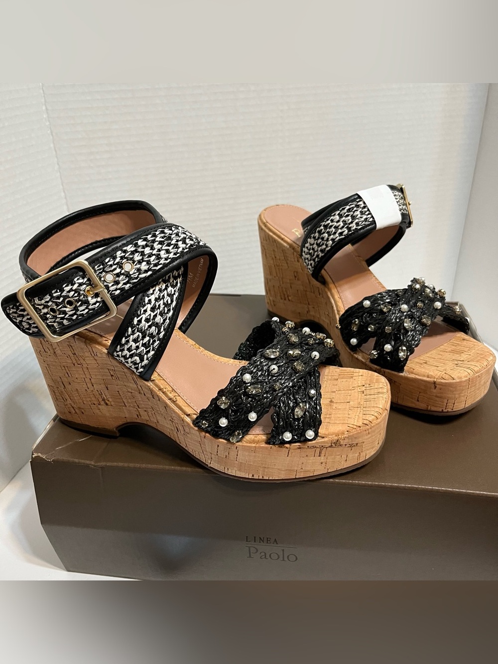 Paolo Black Woven Raffia Cork Embellished Wedge Sandals Varena-L Size 7.5 NIB